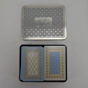 Vintage Hoyle Playing Cards 2 Complete Decks Storage Tin Blue Gold Retro